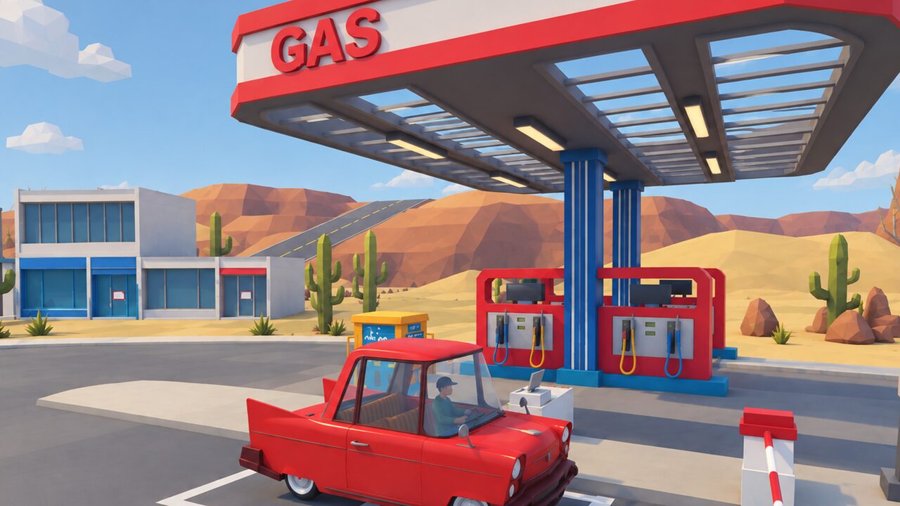 Low-poly desert gas station scene from MetaSpark Studio's VR game Gas or Scam